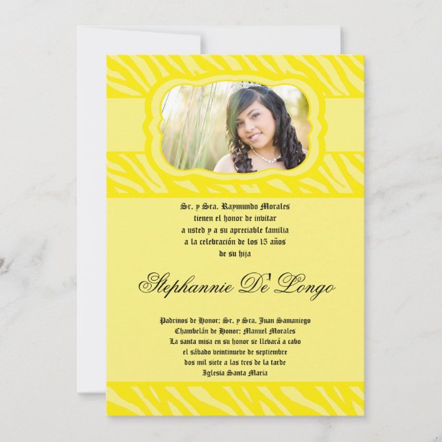 5x7 Yellow Zebra Print Quinceanera Invitation (Front)
