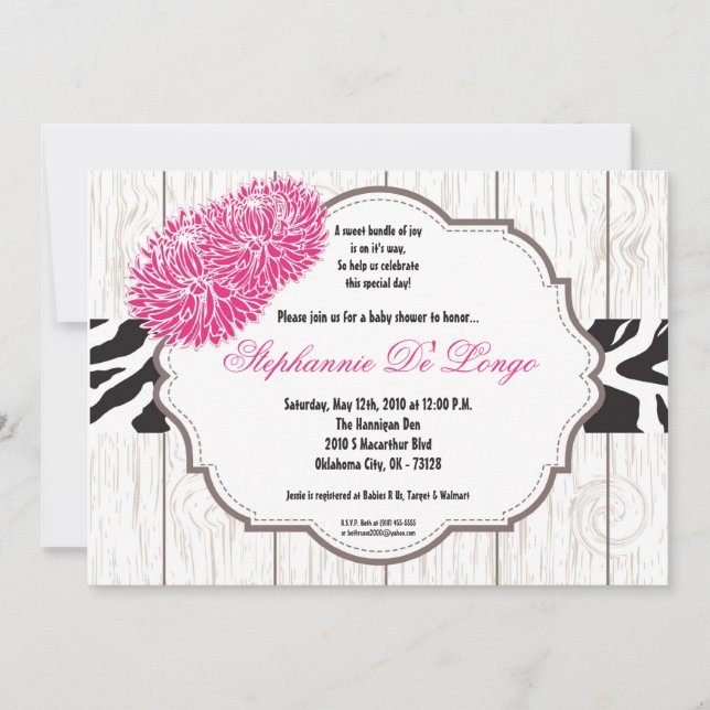 5x7 Zèbre à fleurs roses Invitation Baby shower d' (Devant)