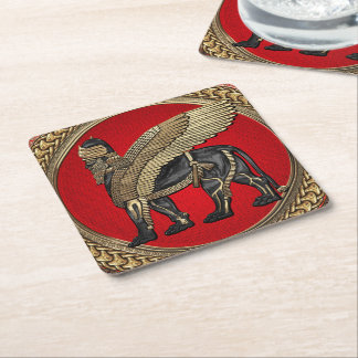 [600] Assyrian Winged Lion: Gold & Black Lamassu Square Paper Coaster
