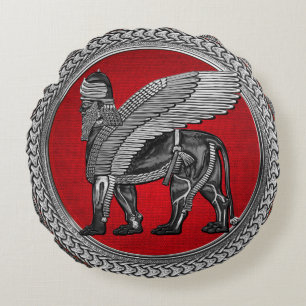 [600] Assyrian Winged Lion: Silver & Black Lamassu Round Pillow