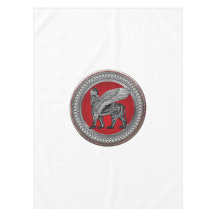 [600] Assyrian Winged Lion: Silver & Black Lamassu Tablecloth