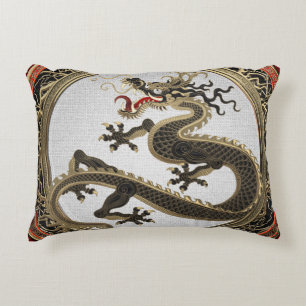 [600] Black and Gold Sacred Eastern Dragon Accent Pillow