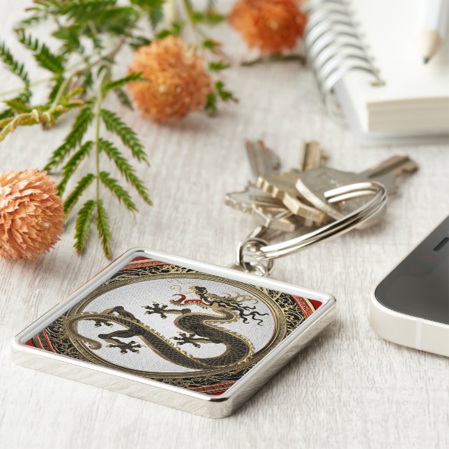 [600] Black and Gold Sacred Eastern Dragon Keychain (Side)