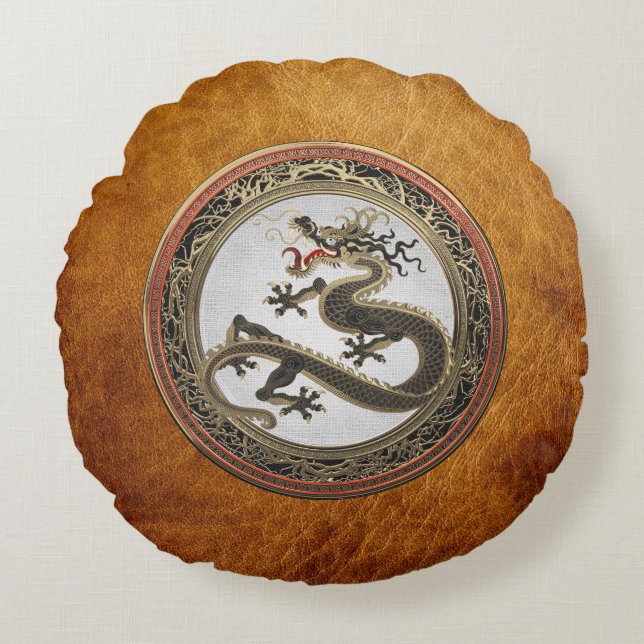 [600] Black and Gold Sacred Eastern Dragon Round Pillow (Front)