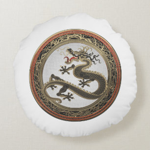 [600] Black and Gold Sacred Eastern Dragon Round Pillow