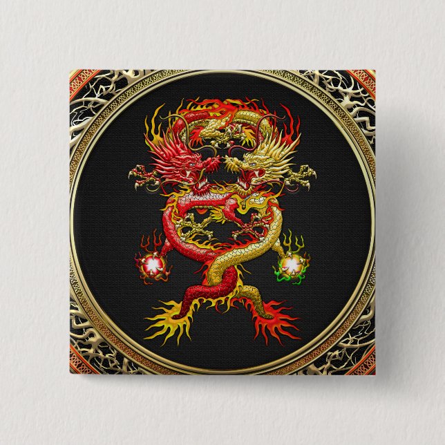 [600] Red and Yellow Dragons 2 Inch Square Button (Front)