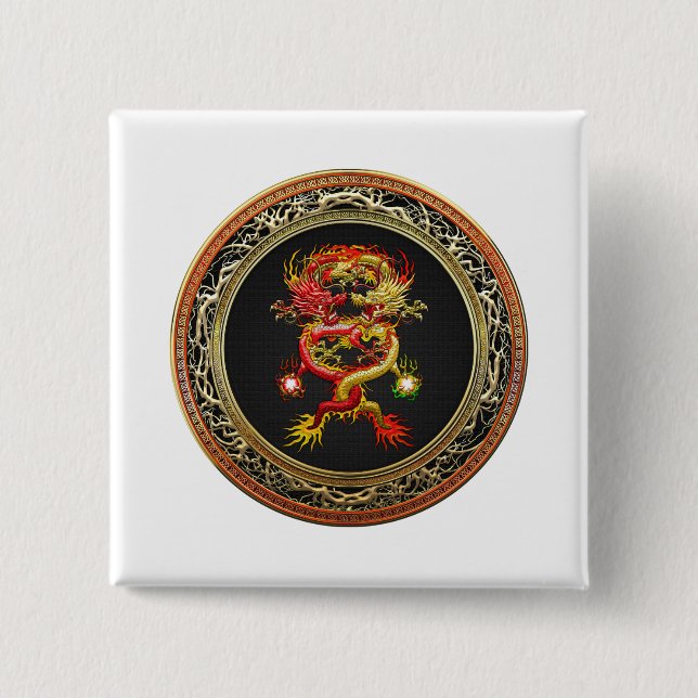[600] Red and Yellow Dragons 2 Inch Square Button (Front)