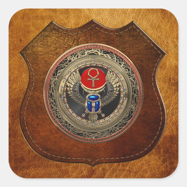 [600] Sacred Gold Egyptian Winged Scarab with Ankh Square Sticker (Front)