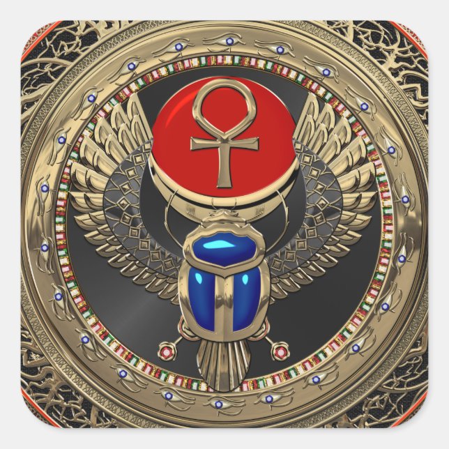 [600] Sacred Gold Egyptian Winged Scarab with Ankh Square Sticker (Front)
