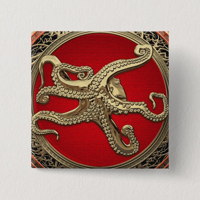 [600] Sacred Gold Octopus in Defensive Posture 2 Inch Square Button (Front)