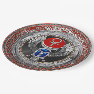 [600] Sacred Silver Egyptian Winged Scarab & Ankh Paper Plate
