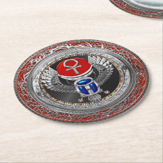 [600] Sacred Silver Egyptian Winged Scarab & Ankh Round Paper Coaster