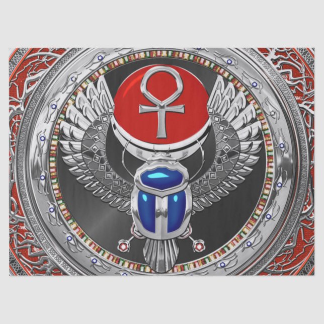 [600] Sacred Silver Egyptian Winged Scarab & Ankh Tissue Paper (Front)