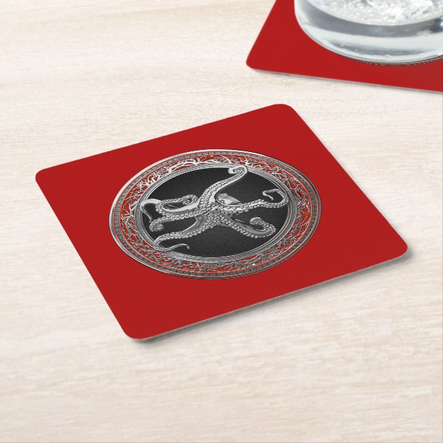 [600] Sacred Silver Octopus in Defensive Posture Square Paper Coaster (Angled)