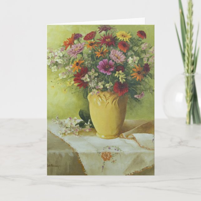 6021 Zinnias en Vase Jaune Carte d'anniversaire (Devant)
