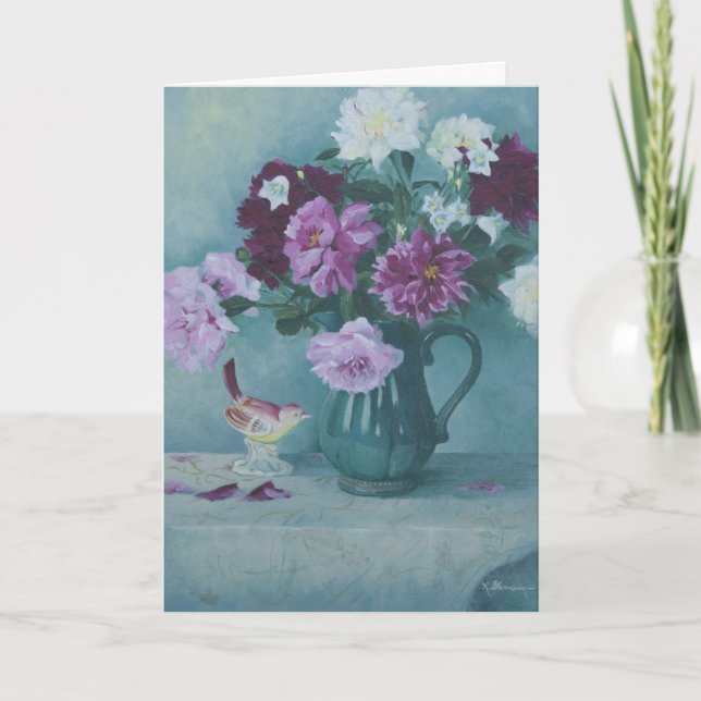 6027 Peonies in Pitcher & Bird Birthday Card (Front)