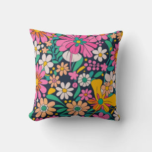 60's Retro Groovy Mod Flowers In Pink Orange a Throw Pillow