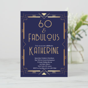 60 and Fabulous 60th Birthday Party Art Deco Navy Invitation