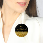 60 and fabulous balck gold elegant 2 inch round button<br><div class="desc">Elegant,  classic,  glamourous and feminine.  A gold coloured bow with golden glitter and sparkle,  a bit of bling and luxury for a birthday.  Black background. With the text: 60 and fabulous!</div>