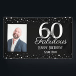 60 and Fabulous Birthday Confetti Photo Banner<br><div class="desc">Elegant black 60th birthday banner with adjustable Happy Birthday and Custom Name Text. Pick your favorite photo and upload! Faux foil silver confetti and 60 number.</div>
