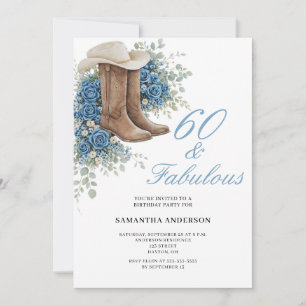 60 and Fabulous Blue Western Floral 60th Birthday Invitation