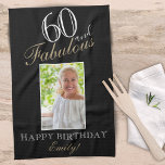 60 and Fabulous Elegant 60th Birthday Photo Kitchen Towel<br><div class="desc">60 and Fabulous Elegant 60th Birthday Photo kitchen towel. Elegant script in white and golden colours. Add your name and photo.</div>