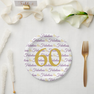 60 and Fabulous Elegant 60th Birthday Purple gold Paper Plate