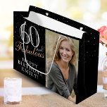 60 and Fabulous Elegant Black 60th Birthday Photo Large Gift Bag<br><div class="desc">60 and Fabulous Elegant Black 60th Birthday Photo Gift Bag. 60 and fabulous text in trendy script with a name on a black background. Personalize it with your photo,  name and age. It`s a great personalized photo gift bag for a woman`s birthday.</div>