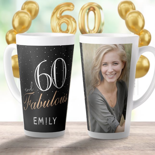 60 and Fabulous Elegant Black 60th Birthday Photo Latte Mug (Creator Uploaded)