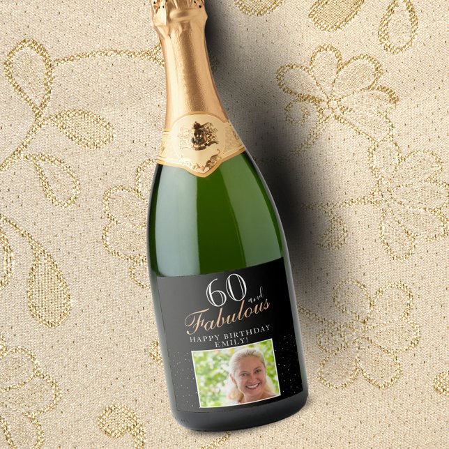 60 and Fabulous Elegant Black Photo 60th Birthday  Sparkling Wine Label (Creator Uploaded)