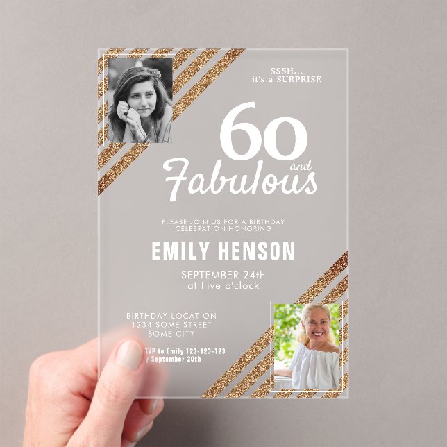 60 and Fabulous Gold Glitter 2 Photo 60th Birthday Acrylic Invitations (Insitu (Handheld))