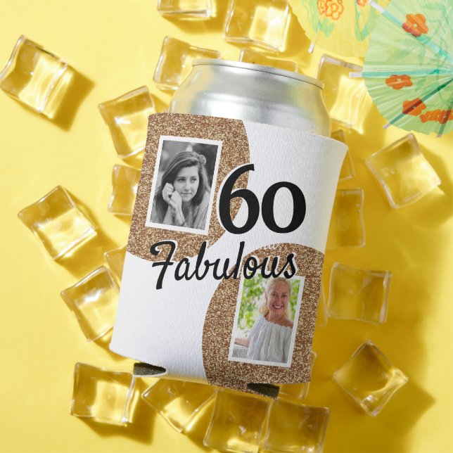 60 and Fabulous Gold Glitter 2 Photo 60th Birthday Can Cooler (In Situ Summer)
