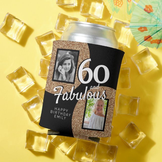 60 and Fabulous Gold Glitter 2 Photo 60th Birthday Can Cooler (In Situ Summer)