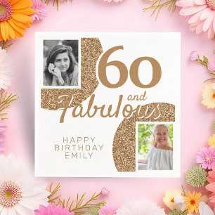 60 and Fabulous Gold Glitter 2 Photo 60th Birthday Napkin