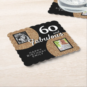 60 and Fabulous Gold Glitter 2 Photo 60th Birthday Paper Coaster