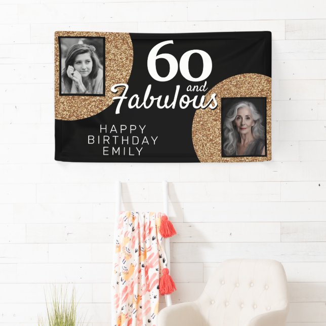 60 and Fabulous Gold Glitter 2 Photo Birthday Banner (Insitu)