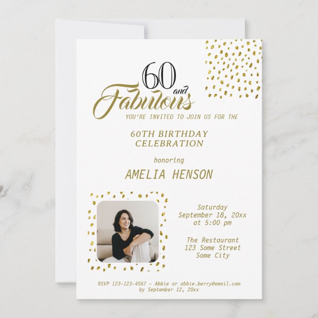 60 and Fabulous Gold Glitter Photo 60th Birthday Invitation (Front)