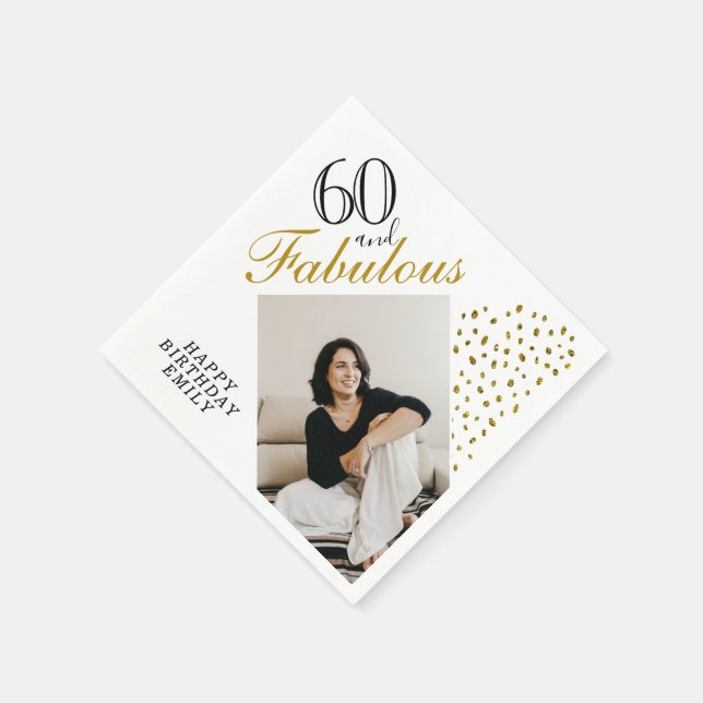 60 and Fabulous Gold Glitter Photo 60th Birthday Napkin (Corner)