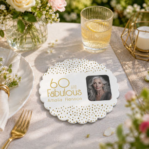 60 and Fabulous Gold Glitter Photo 60th Birthday Paper Coaster