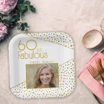 60 and Fabulous Gold Glitter Photo 60th Birthday Paper Plate<br><div class="desc">60 and Fabulous Gold Glitter Photo 60th Birthday Party Paper Plates. Modern design with trendy typography and faux gold glitter spots. The design has a custom photo and name. Make personalized 60th birthday party paper plates for her.</div>