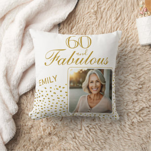 60 and Fabulous Gold Glitter Photo 60th Birthday Throw Pillow