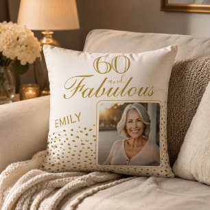 60 and Fabulous Gold Glitter Photo 60th Birthday Throw Pillow