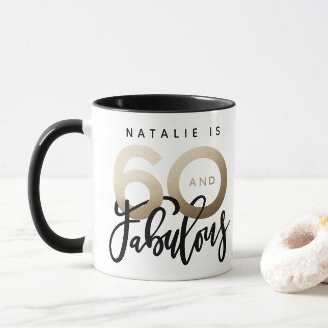 60 and fabulous gold metallic birthday mug (With Donut)