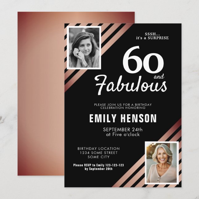 60 and Fabulous Gold Rose 2 Photo Birthday Invitation (Front/Back)