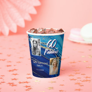 60 and Fabulous Marble Glitter 2 Photo Birthday Paper Cups