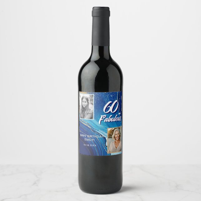 60 and Fabulous Marble Glitter 2 Photo Birthday Wine Label (Front)