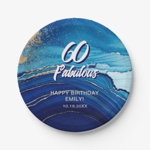 60 and Fabulous Marble Glitter Birthday Paper Plate