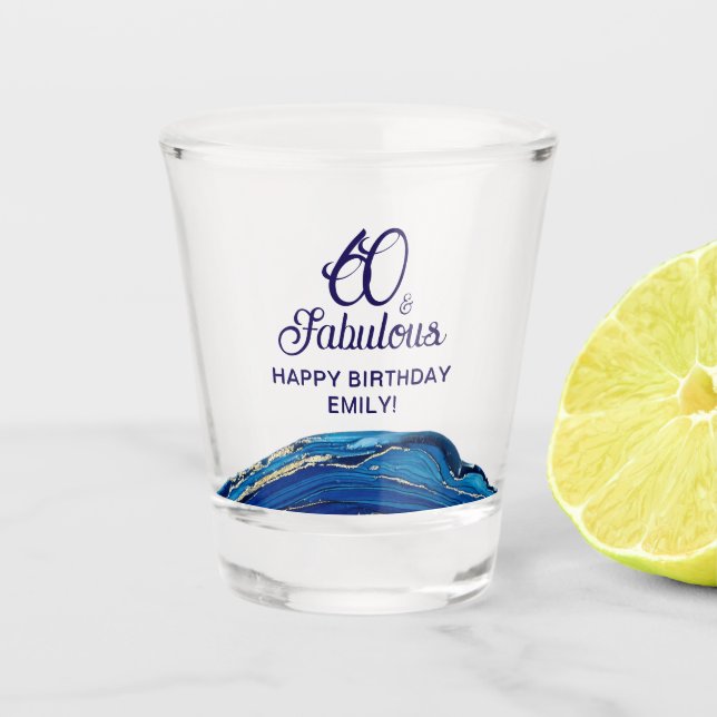 60 and Fabulous Marble Glitter Birthday Party  Shot Glass (Front)