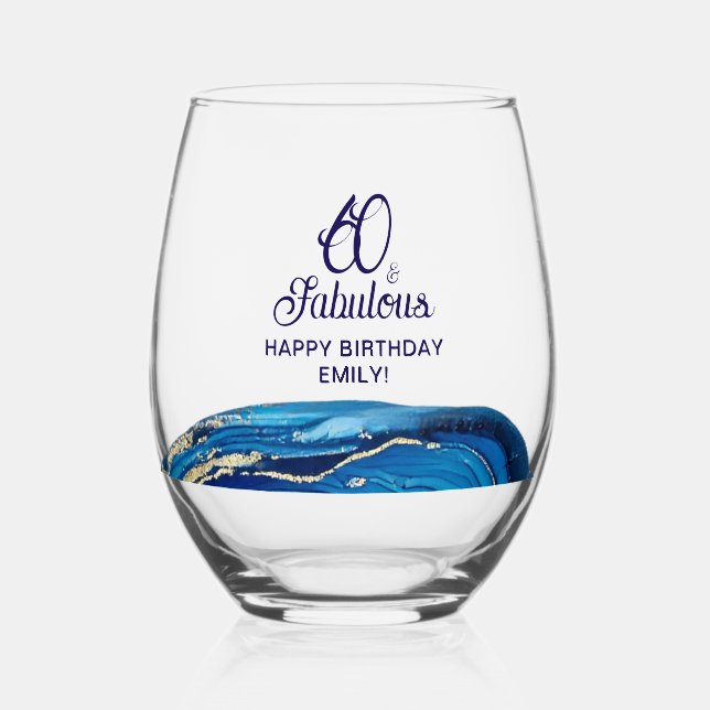 60 and Fabulous Marble Glitter Birthday Party  Stemless Wine Glass (Front)
