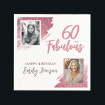 60 and Fabulous Pink Glitter 2 Photo 60th Birthday Napkin<br><div class="desc">60 and Fabulous Pink Glitter 2 Photo Surprise 60th Birthday Party Napkins. Throw a stunning celebration with these “60 and Fabulous” pink glitter birthday napkins. Featuring sparkly faux-glitter brush strokes, and space for two personal photos, this elegant design is perfect for honouring a fabulous woman’s milestone birthday. Fully customizable to...</div>